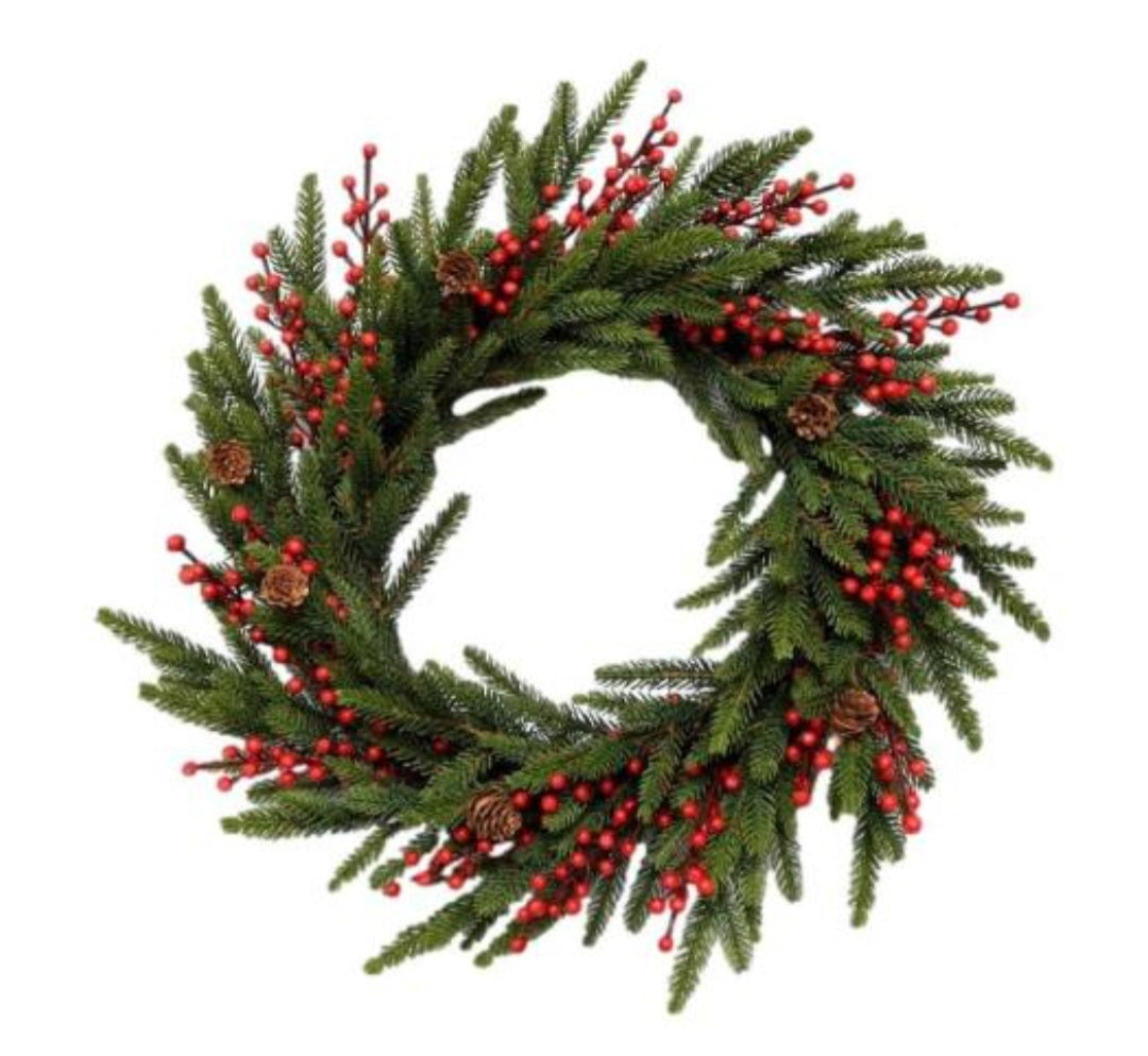 GREEN RED BERRY WREATH 55CM