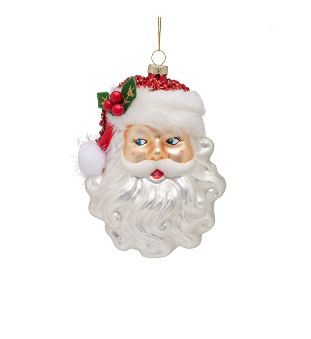 GLASS SANTA HEAD WITH FURR HANGING
