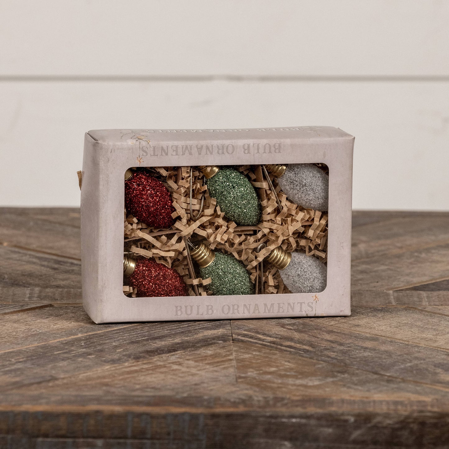 SET/ 6 GREEN, RED & WHITE GLASS GLITTER BULBS