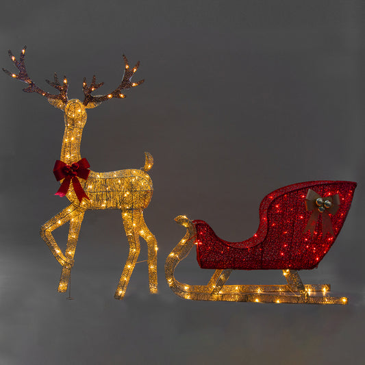 LIGHT UP REINDEER WITH RED SLEIGH 205cm