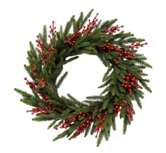 GREEN RED BERRY WREATH 55CM