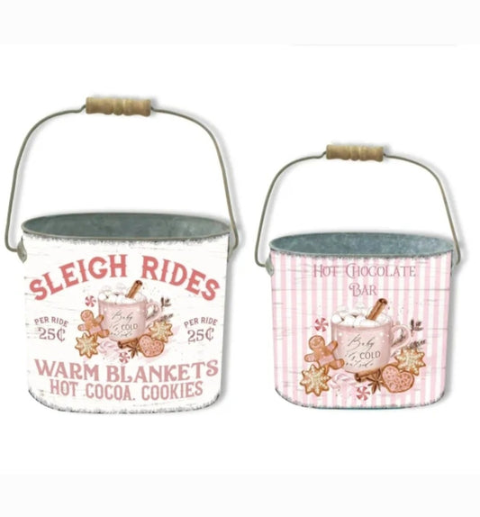 PRE ORDER SET OF 2 SLEIGH RIDES/HOT CHOCOLATE METAL BUCKETS