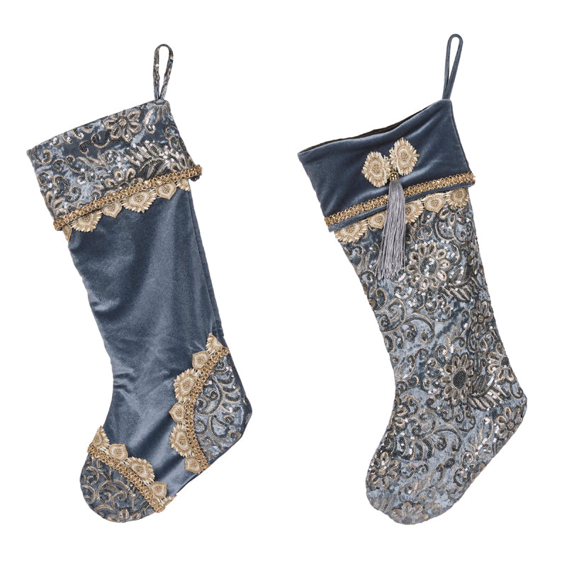 PRE ORDER 2 ASST BLUE EMBELLISHED VELVET STOCKING