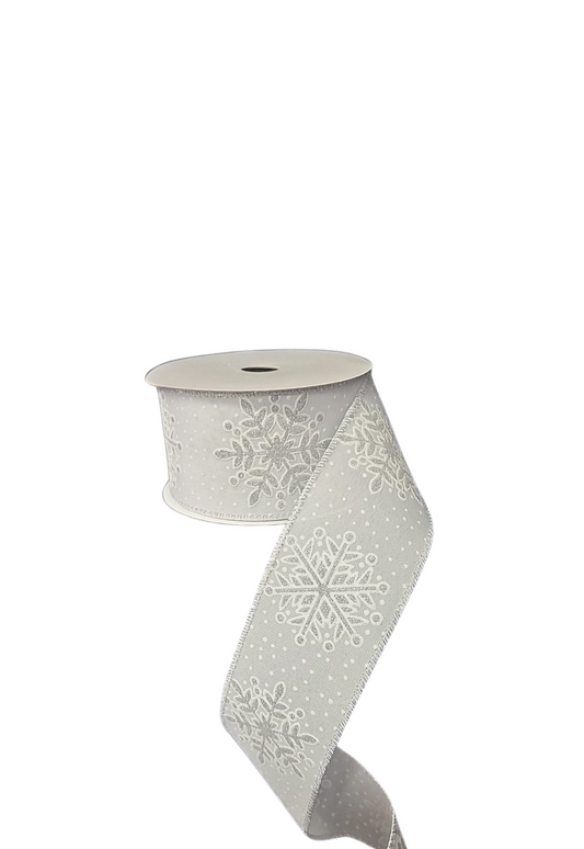9.14M WHITE/SILVER SNOWFLAKE RIBBON