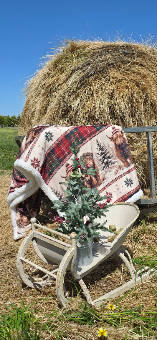 PRE ORDER HIGHLAND COW TARTAN SHERPA BLANKET
